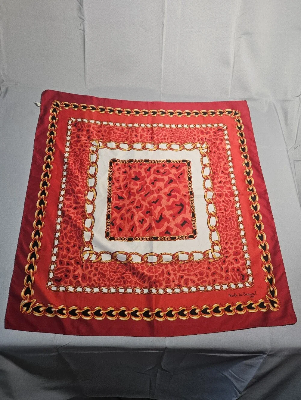 Nicole De Beauvoir Paris VTG Baroque Italian Red Lg Square Silk Scarf Bag Charm